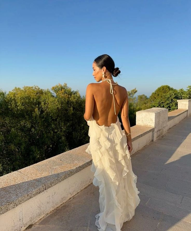 Ruffle Backless Halter Sleeveless Long Prom Dress,Evening Gown