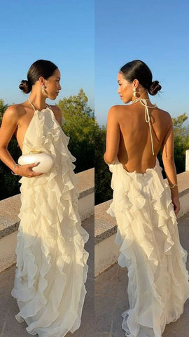 Ruffle Backless Halter Sleeveless Long Prom Dress,Evening Gown