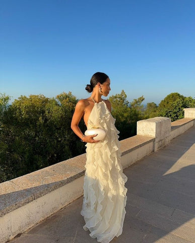 Ruffle Backless Halter Sleeveless Long Prom Dress,Evening Gown