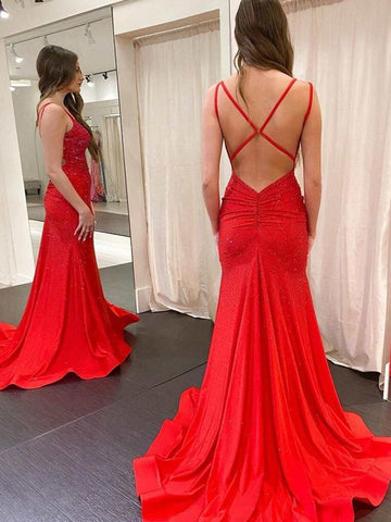 V Neck Mermaid  Beaded Jersey Prom Dress