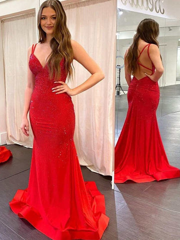 V Neck Mermaid  Beaded Jersey Prom Dress
