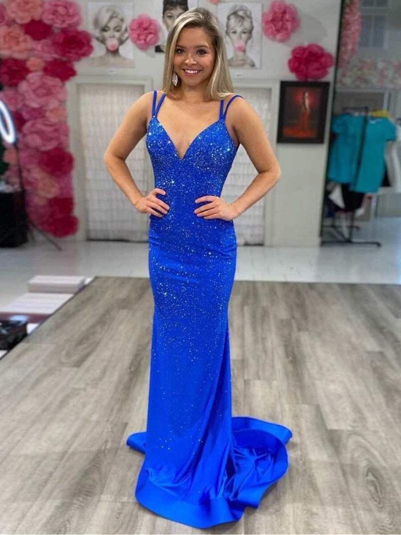 V Neck Mermaid  Beaded Jersey Prom Dress