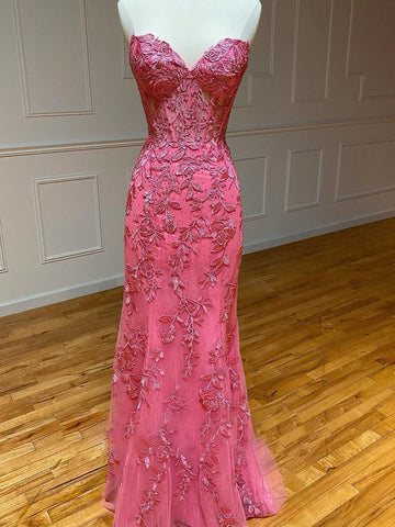Lace Mermaid Strapless  Prom Dress With Appliques
