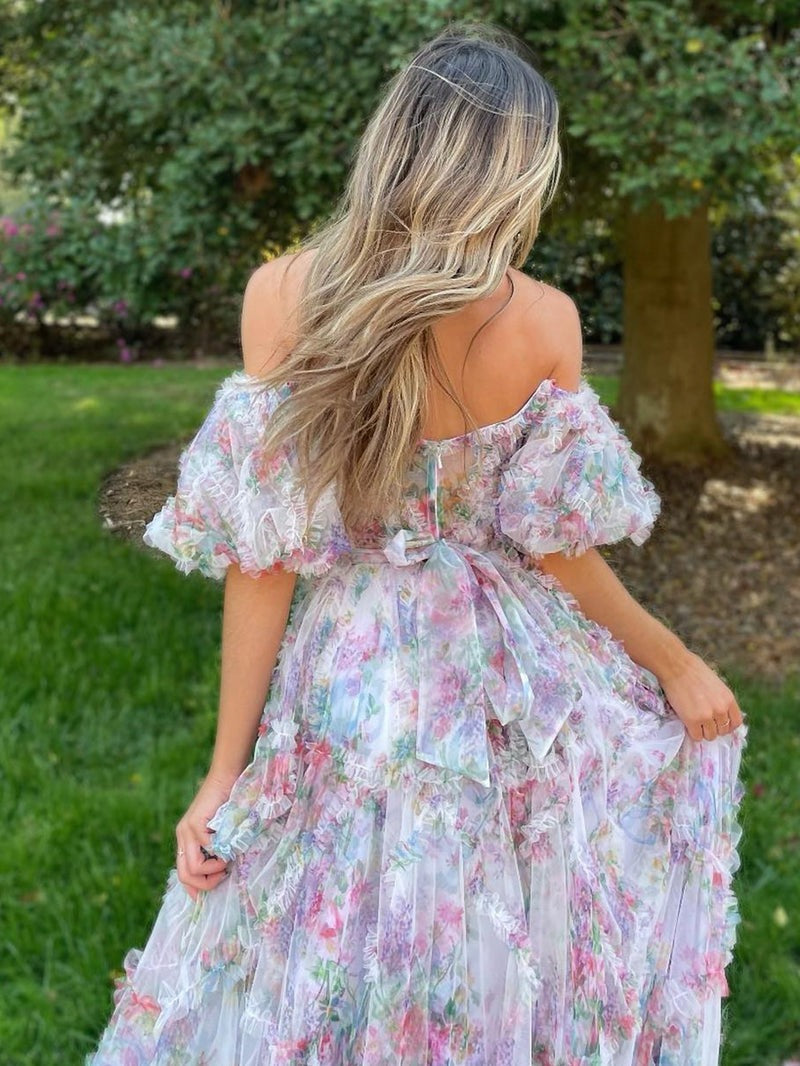 A Line Long Sweetheart Printed Tulle  Prom Dress