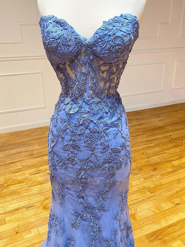 Lace Mermaid Strapless  Prom Dress With Appliques