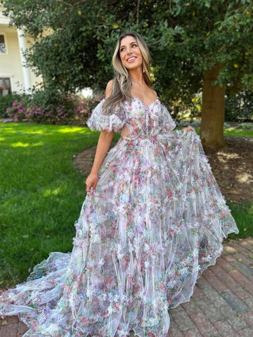 A Line Long Sweetheart Printed Tulle  Prom Dress