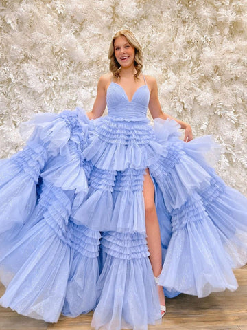 V Neck Spaghetti Straps Tulle Deep  Long Prom Dress