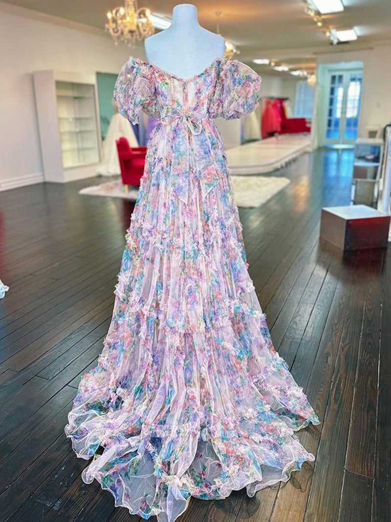 A Line Long Sweetheart Printed Tulle  Prom Dress
