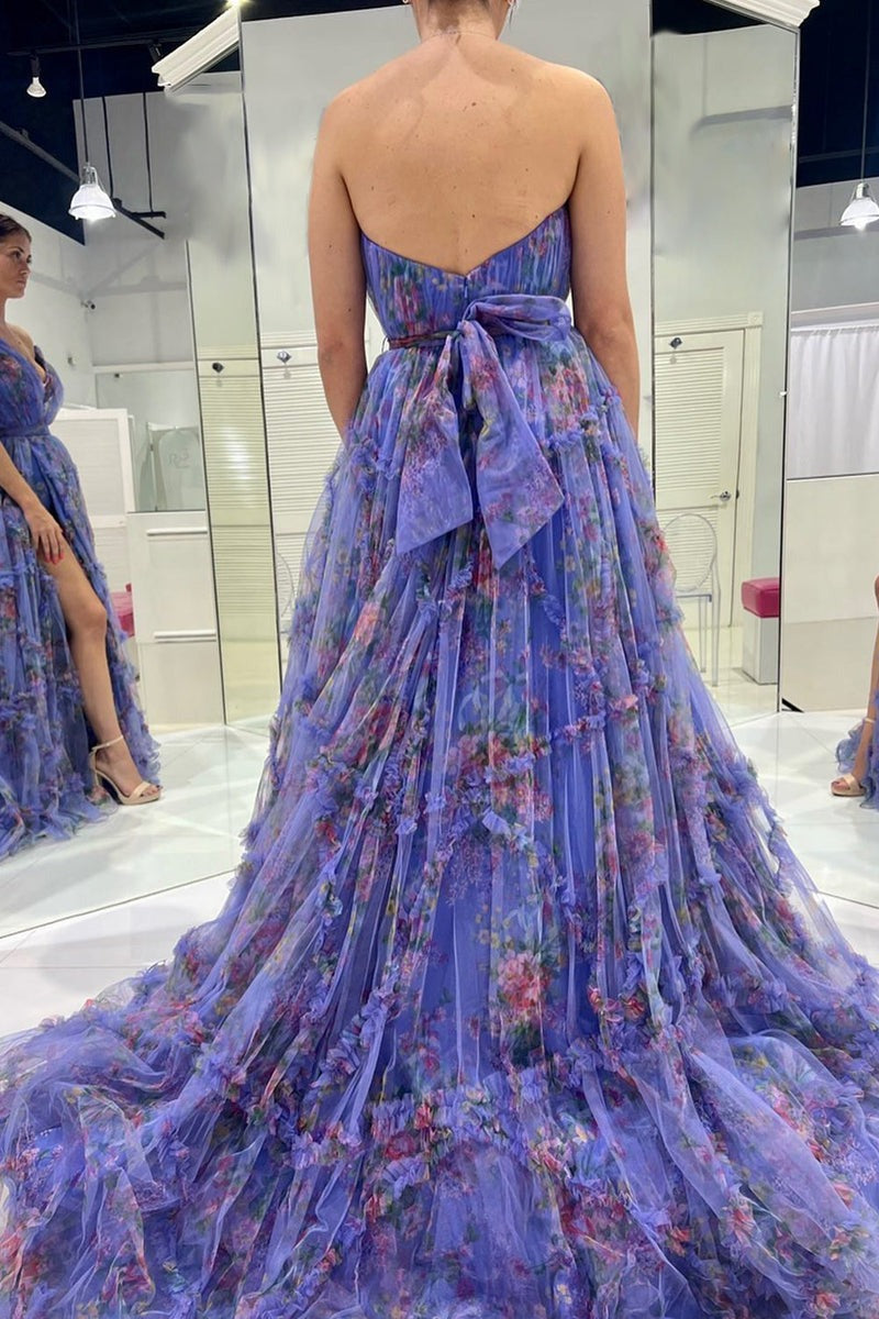 A-Line Tulle Sweetheart Floral Printed  Prom Dress with Slit
