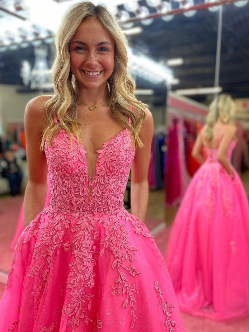 V Neck  A Line Long Lace  Pink Prom Dress