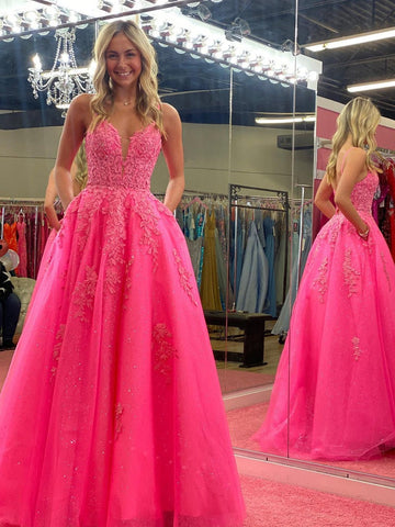 V Neck  A Line Long Lace  Pink Prom Dress