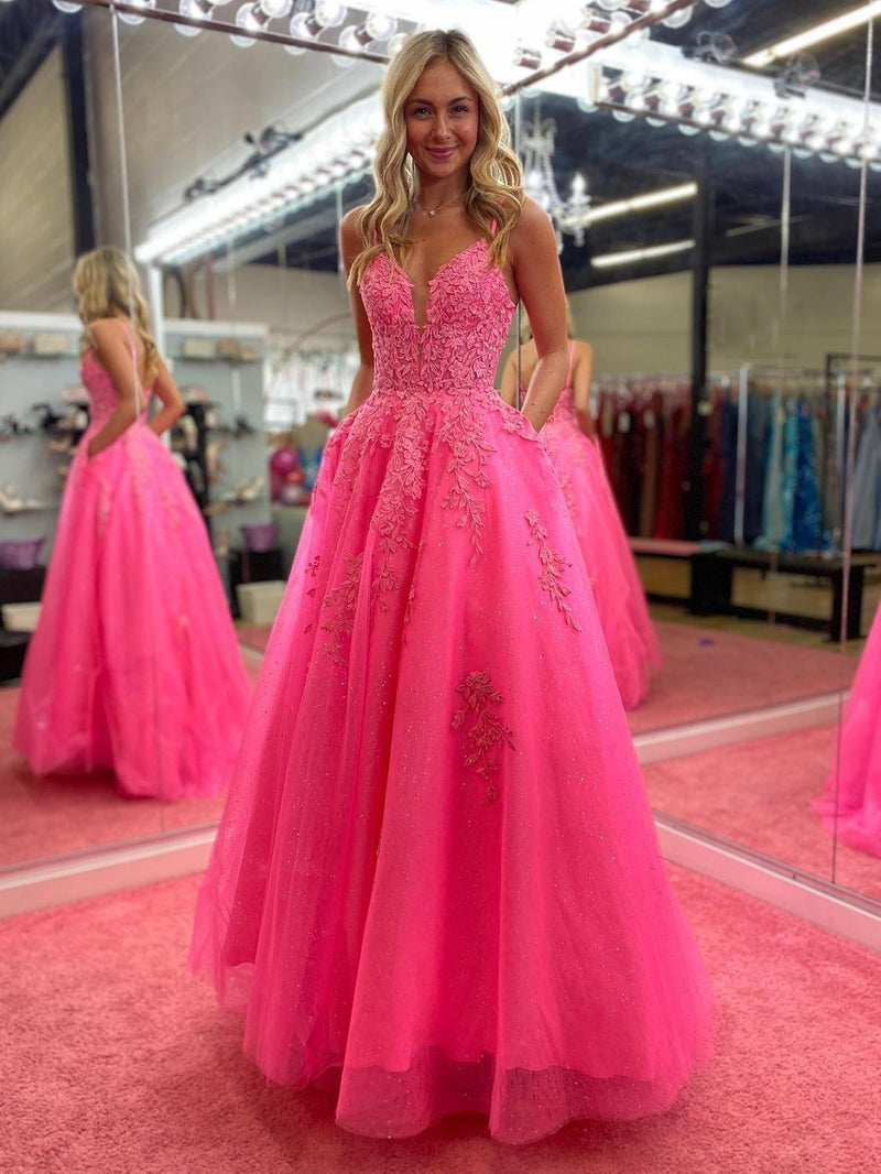 V Neck  A Line Long Lace  Pink Prom Dress