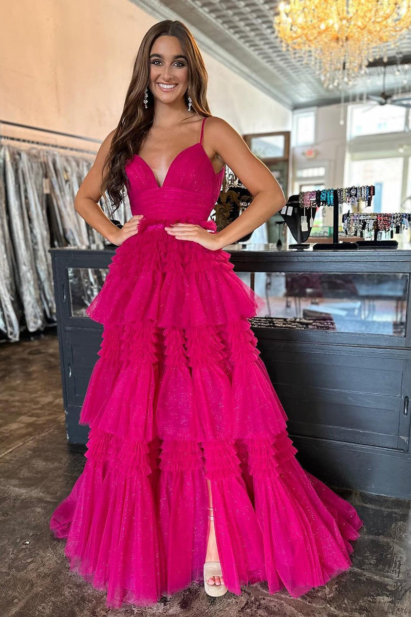 V Neck Spaghetti Straps Tulle Deep  Long Prom Dress