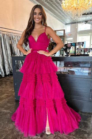 V Neck Spaghetti Straps Tulle Deep  Long Prom Dress