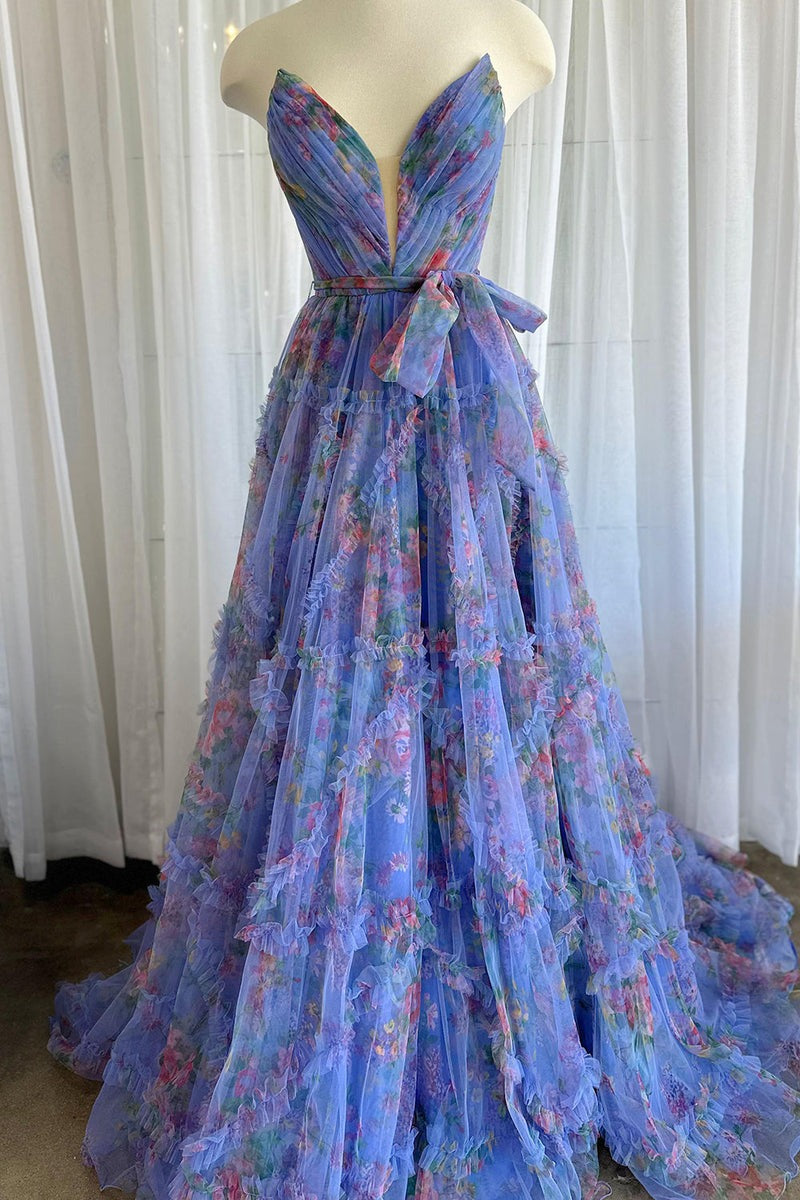 A-Line Tulle Sweetheart Floral Printed  Prom Dress with Slit
