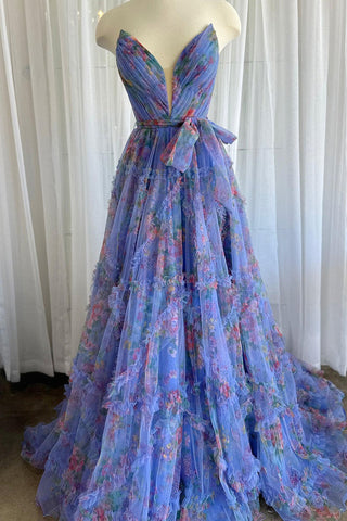 A-Line Tulle Sweetheart Floral Printed  Prom Dress with Slit