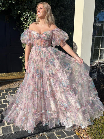 A Line Long Sweetheart Printed Tulle  Prom Dress
