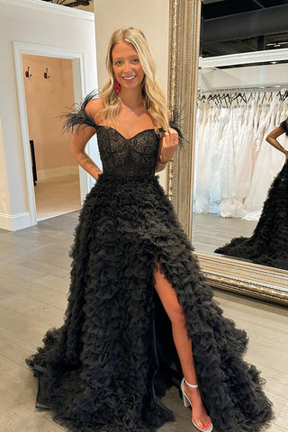 A Line Long Tiered Tulle Sweetheart   Prom Dress With Slit