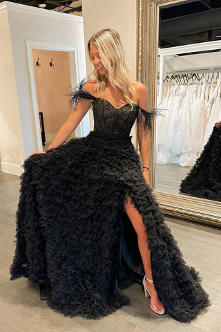 A Line Long Tiered Tulle Sweetheart   Prom Dress With Slit