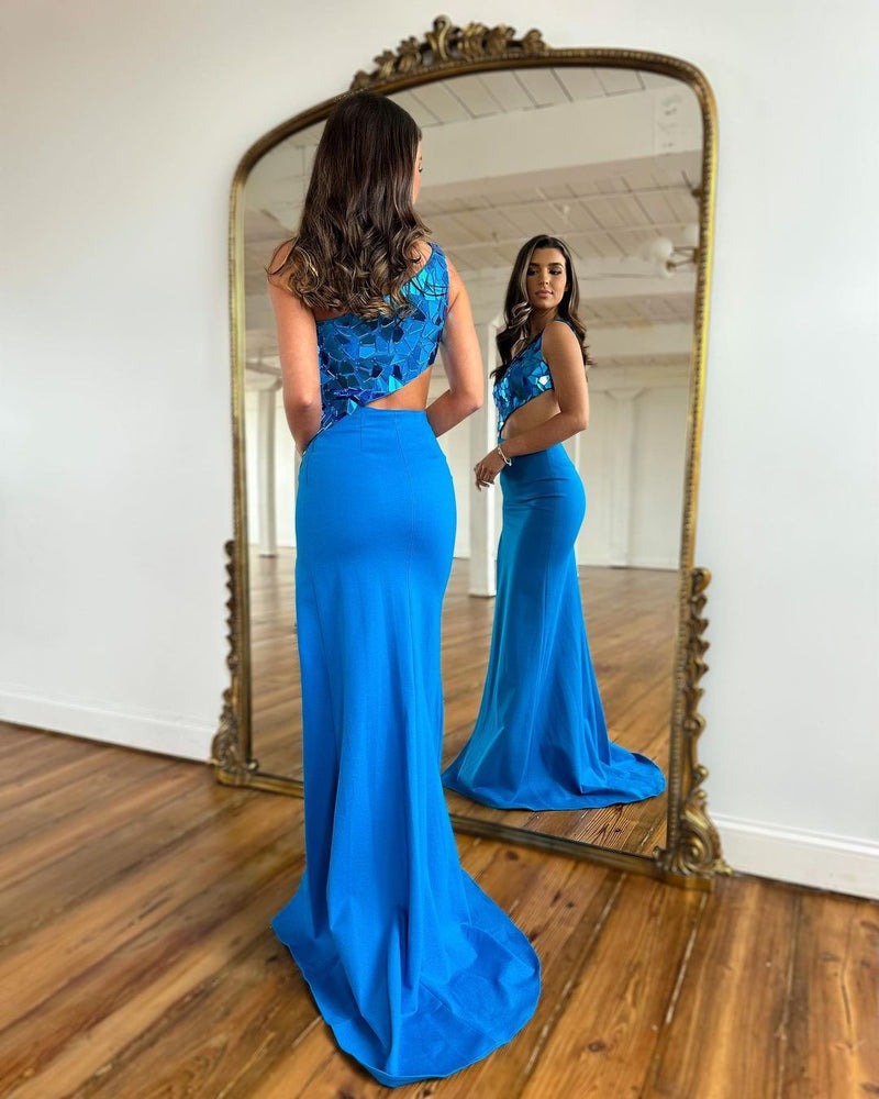 One Shoulder Sheath  Cut Mirror Sequins Prom Dress