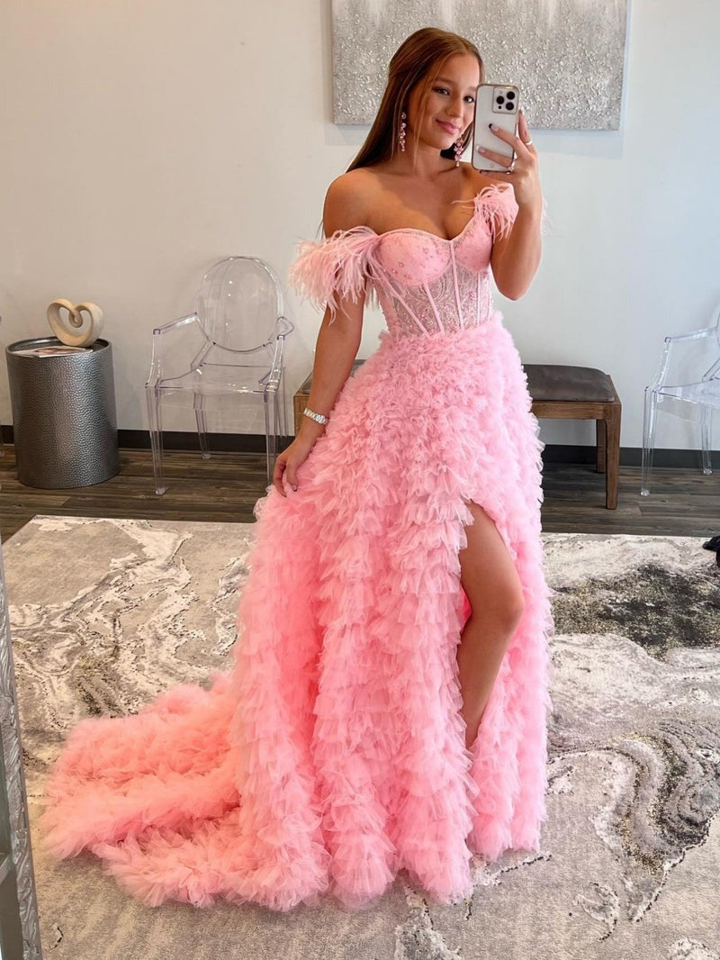A Line Long Tiered Tulle Sweetheart   Prom Dress With Slit