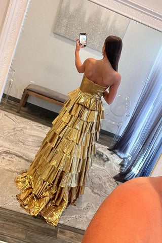 Strapless A Line Gold Ruffle Tiered Satin Long Prom Dress, PD25112