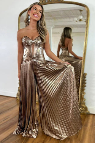 Sweetheart Brown Pleated Satin Prom Dresses with Slit, PD25011