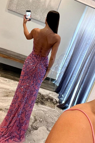 Mermaid Fuchsia Sequins Long Prom Dresses with Slit