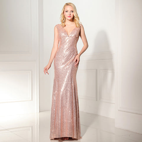 Sparkling Rose Gold Sequin V - Neck Sleeveless Mermaid Evening Gown Prom Dress, SD351