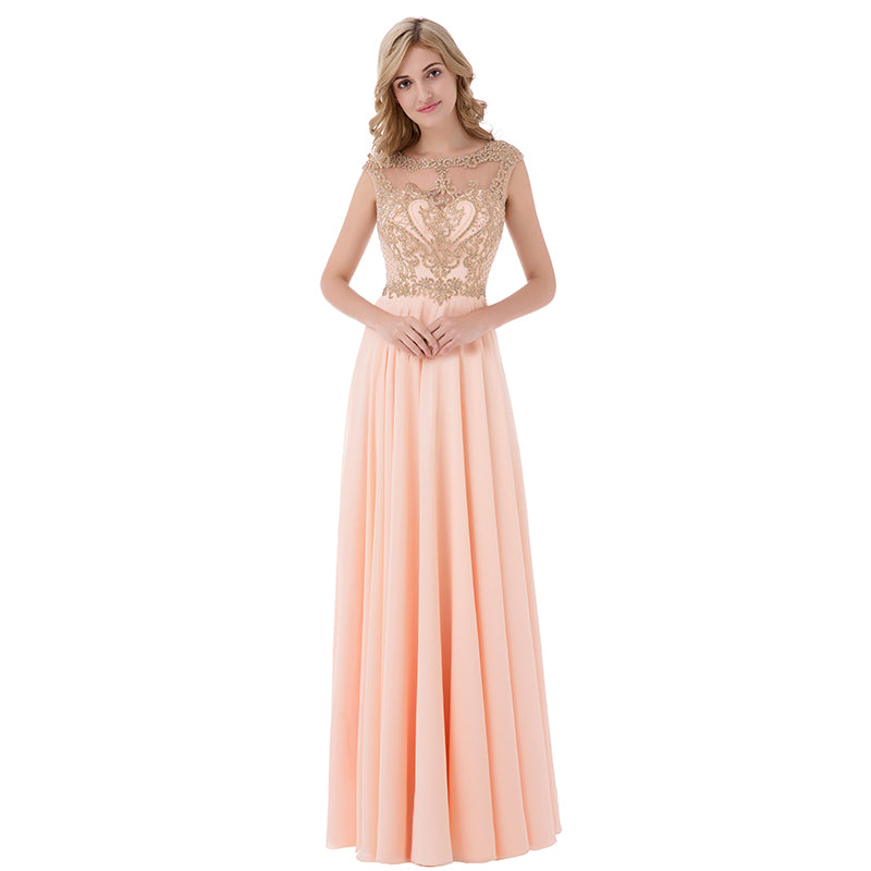 Elegant Peach Sleeveless Gown with Gold Embroidered Bodice and Flowing Tulle Prom Dress,LX475