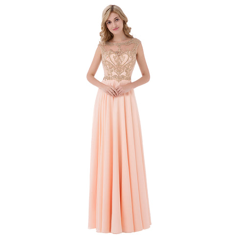 Elegant Peach Sleeveless Gown with Gold Embroidered Bodice and Flowing Tulle Prom Dress,LX475