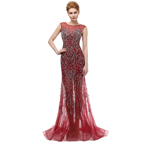 Stunning Sleeveless Round - Neck Mermaid Gown in Gradient Red Prom Dress,LX117