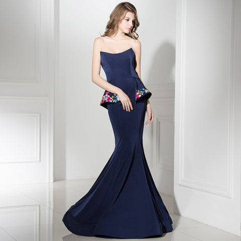 Elegant Strapless Navy Blue Mermaid Gown with Floral - Embroidered Flaps Prom Dress,LX367