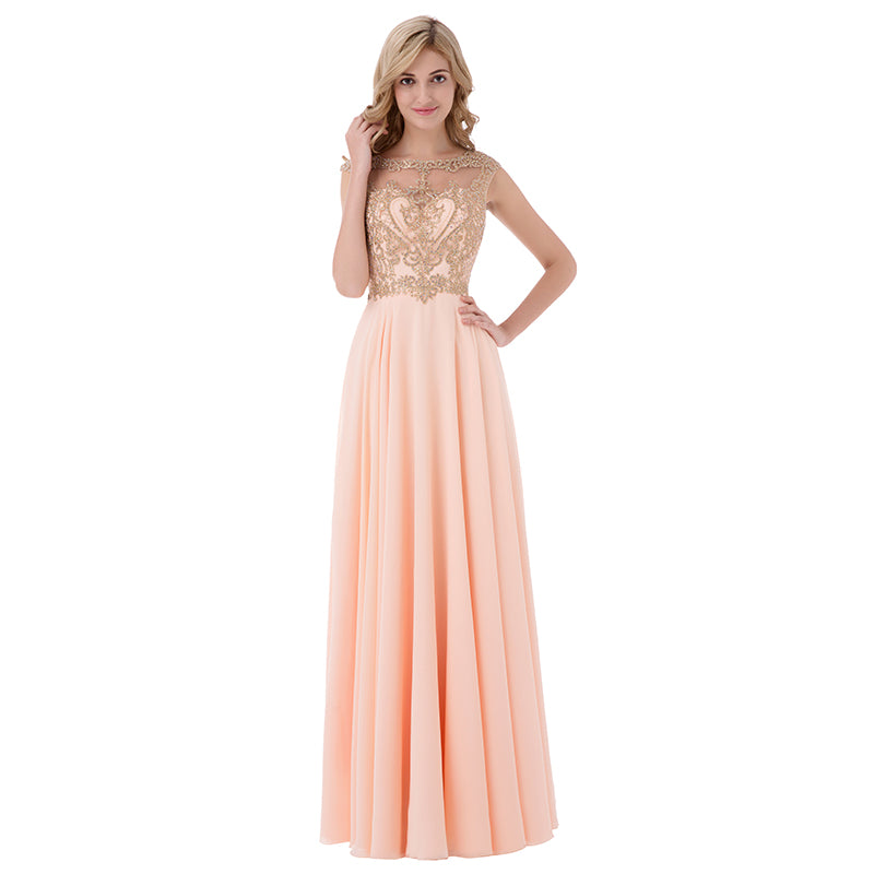 Elegant Peach Sleeveless Gown with Gold Embroidered Bodice and Flowing Tulle Prom Dress,LX475