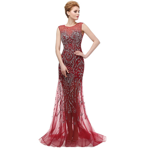 Stunning Sleeveless Round - Neck Mermaid Gown in Gradient Red Prom Dress,LX117