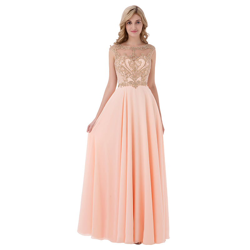 Elegant Peach Sleeveless Gown with Gold Embroidered Bodice and Flowing Tulle Prom Dress,LX475