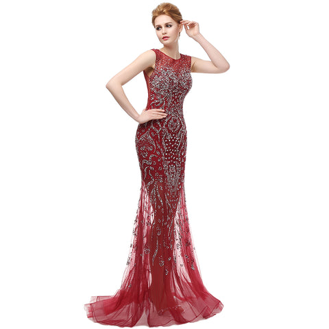 Stunning Sleeveless Round - Neck Mermaid Gown in Gradient Red Prom Dress,LX117