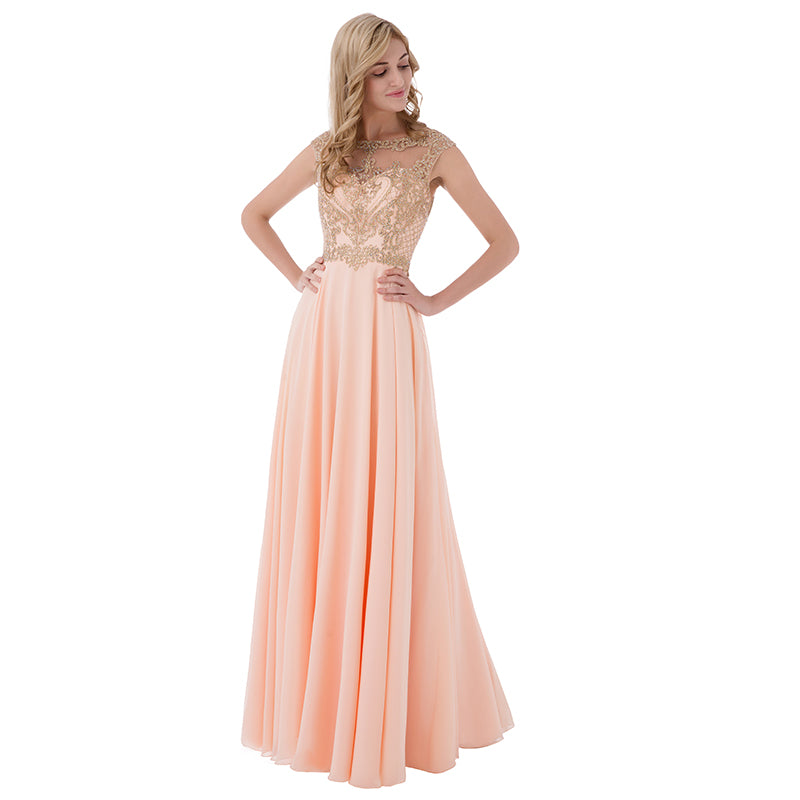 Elegant Peach Sleeveless Gown with Gold Embroidered Bodice and Flowing Tulle Prom Dress,LX475