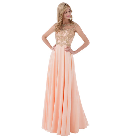 Elegant Peach Sleeveless Gown with Gold Embroidered Bodice and Flowing Tulle Prom Dress,LX475