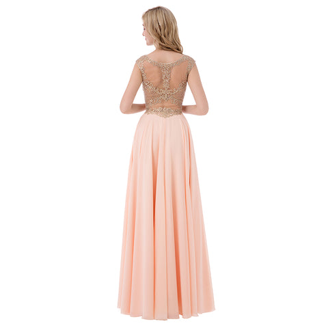 Elegant Peach Sleeveless Gown with Gold Embroidered Bodice and Flowing Tulle Prom Dress,LX475