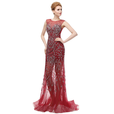 Stunning Sleeveless Round - Neck Mermaid Gown in Gradient Red Prom Dress,LX117