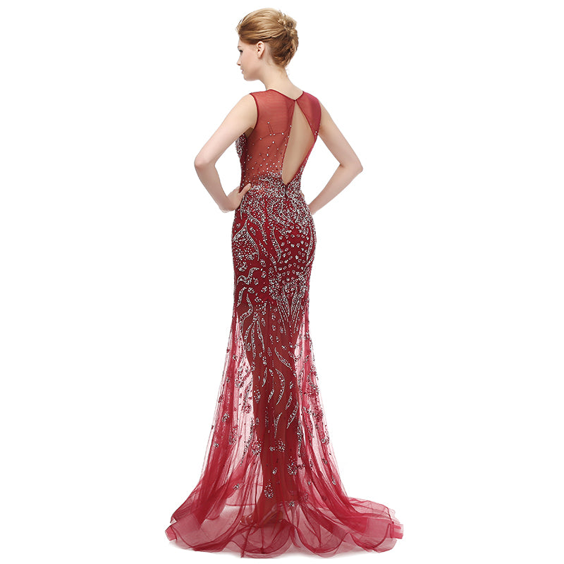 Stunning Sleeveless Round - Neck Mermaid Gown in Gradient Red Prom Dress,LX117