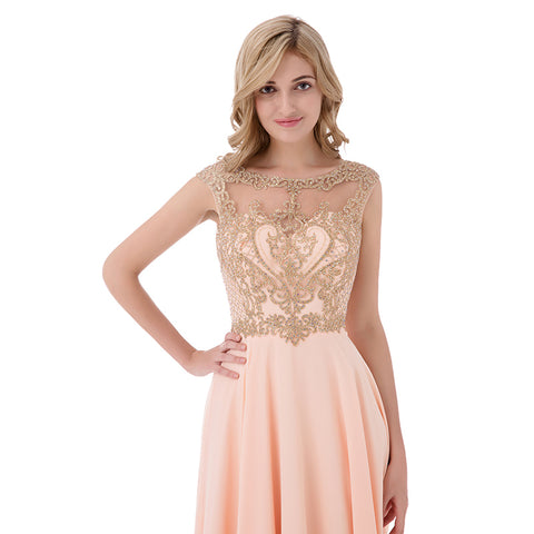 Elegant Peach Sleeveless Gown with Gold Embroidered Bodice and Flowing Tulle Prom Dress,LX475