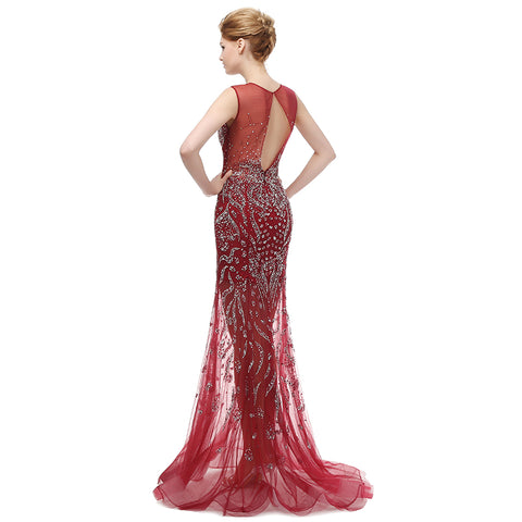Stunning Sleeveless Round - Neck Mermaid Gown in Gradient Red Prom Dress,LX117