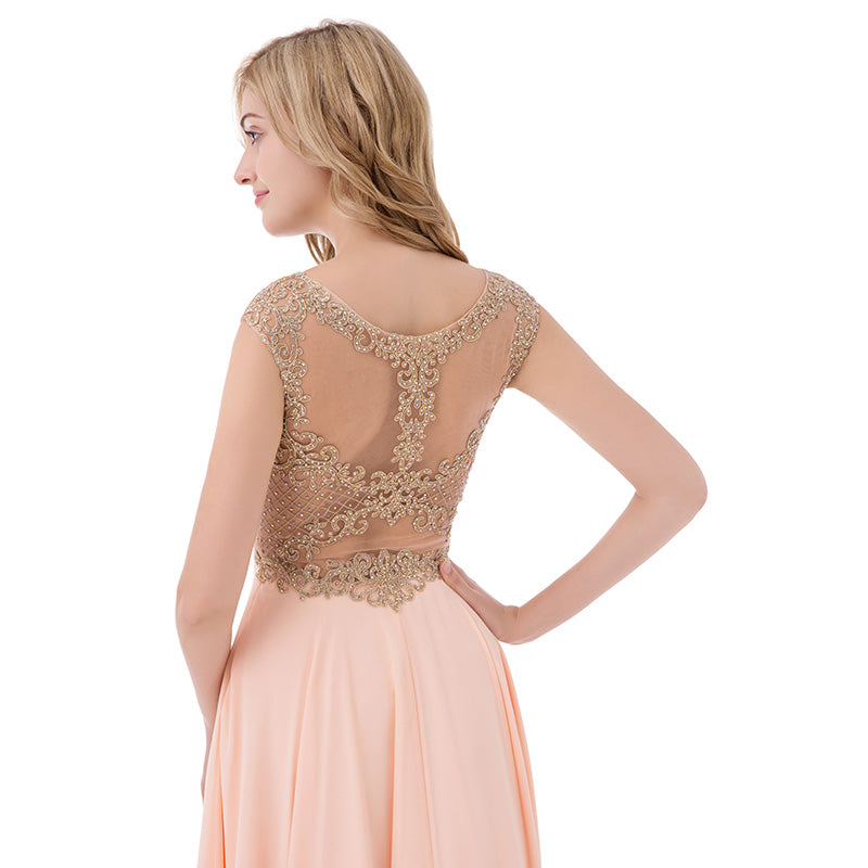 Elegant Peach Sleeveless Gown with Gold Embroidered Bodice and Flowing Tulle Prom Dress,LX475