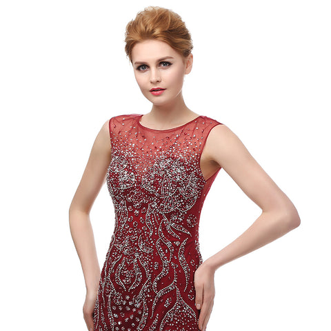 Stunning Sleeveless Round - Neck Mermaid Gown in Gradient Red Prom Dress,LX117