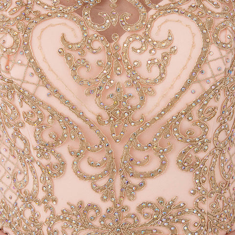 Elegant Peach Sleeveless Gown with Gold Embroidered Bodice and Flowing Tulle Prom Dress,LX475