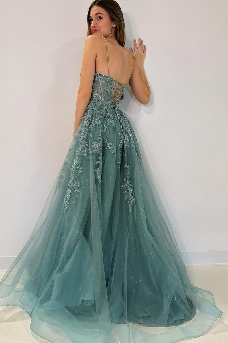 A-Line Sweetheart Spaghetti Straps Tulle Long Prom Dresses with Appliques