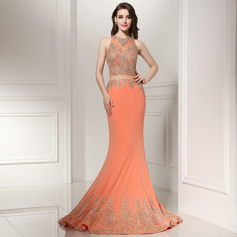 Glamorous Sleeveless Orange Mermaid Evening Gown with Exquisite Embellishments Prom Dress,LX227