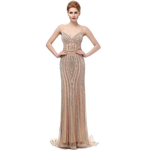 Glamorous Strappy V - Neck Mermaid Evening Gown with Exquisite Geometric Beadwork and Sheer Tulle Prom Dress,LX116